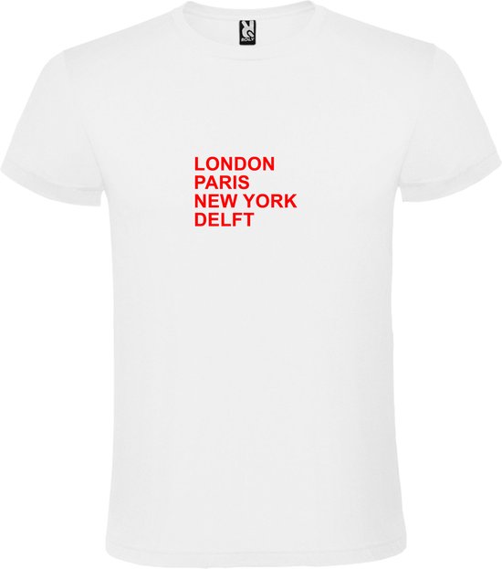 Wit T-Shirt met “ LONDON, PARIS, NEW YORK, DELFT “ Afbeelding Rood Size M