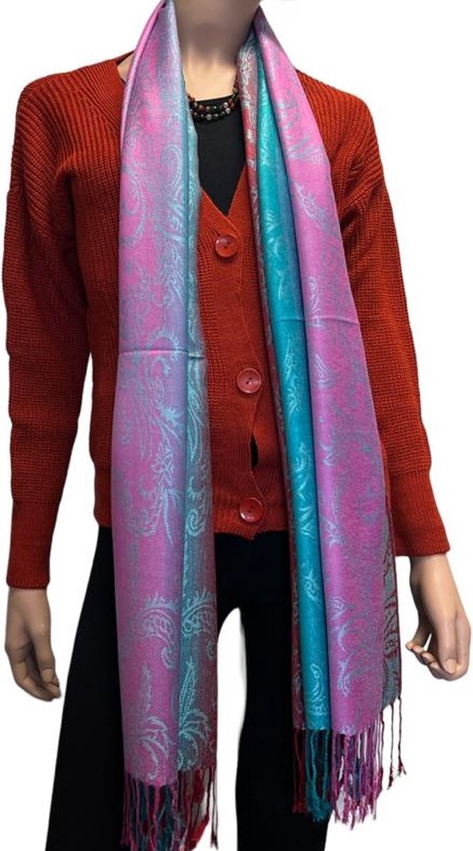 Sjaal- Pashmina Sjaal- Fijn geweven trendy Sjaal- Tweezijdige omslagdoek 212/3- Groen met Paars details