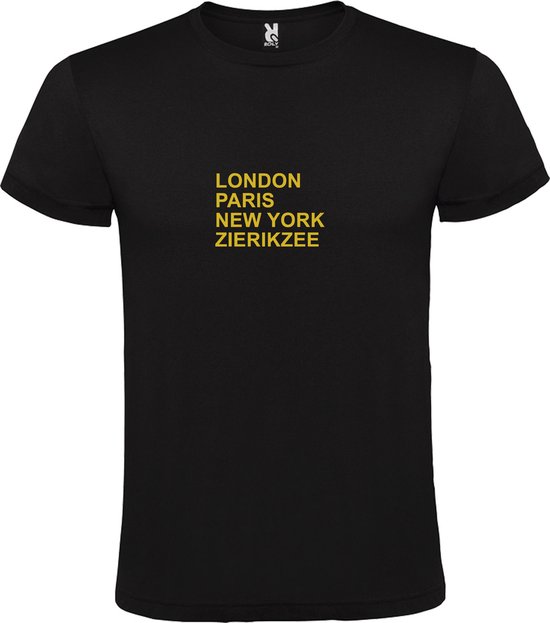 Zwart T-Shirt met “ LONDON, PARIS, NEW YORK, ZIERIKZEE “ Afbeelding Goud Size XL