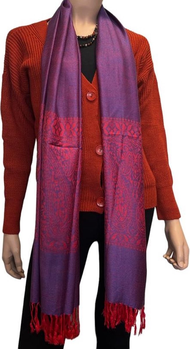 Sjaal- Pashmina Sjaal- Fijn geweven trendy Sjaal- Tweezijdige omslagdoek 217/3- Paars met rood details