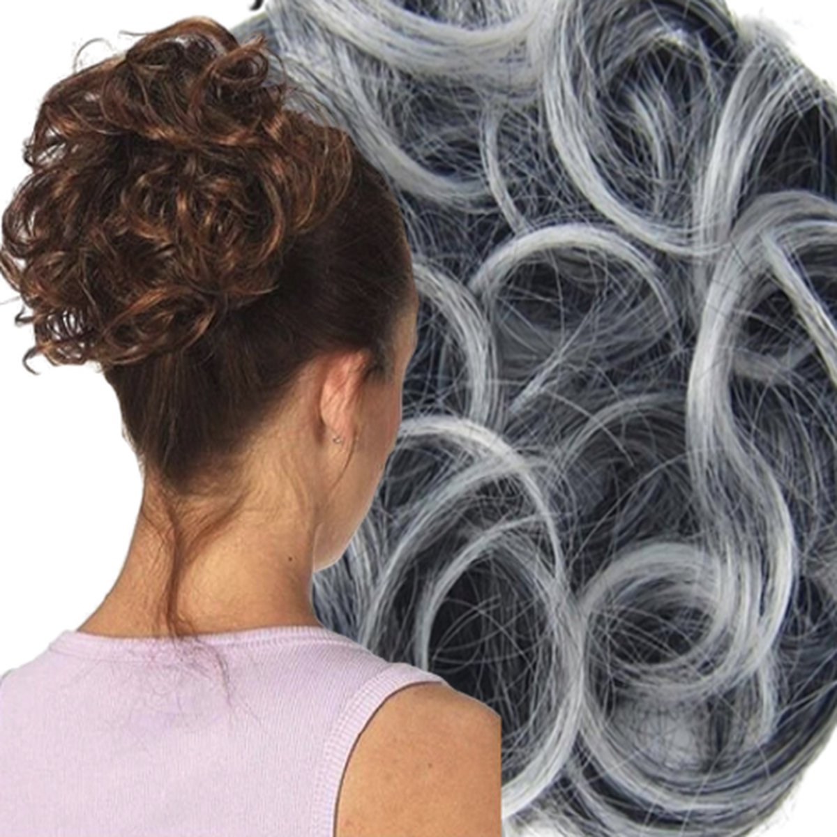 Messy Hair Bun | Curly Haar Wrap Extension| Donker Grijs | Inclusief Luxe Bewaarzakje.*