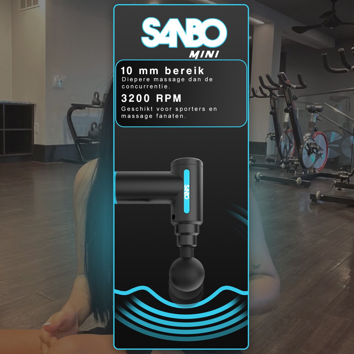 Afbeelding 3 van Sanbo Massage Gun Mini - Sport en Relax Massage apparaat - Krachtig - Draadloos - Inclusief Koffer - Met 5 opzetstukken - Zwart/Blauw - Massage Pistool Professioneel