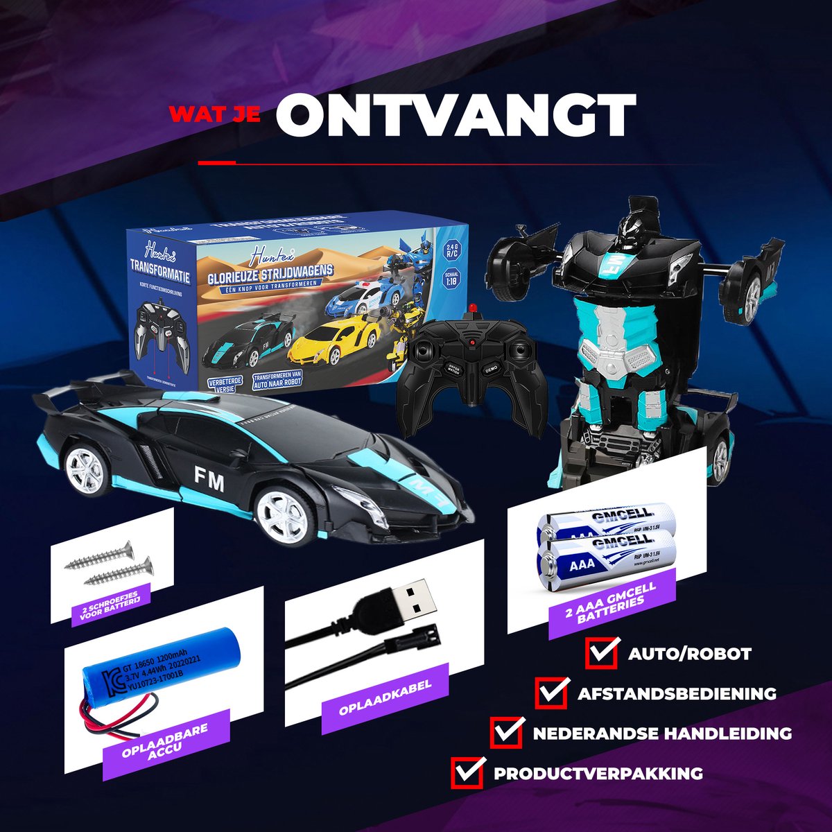 Huntex RC Transformerende Auto/Robot - Lamborghini FM - Zwart/Groen — afbeelding 2