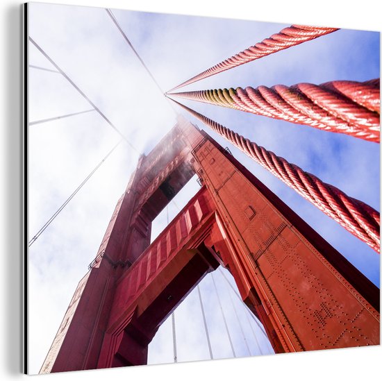 Rode fundering van de Golden Gate Bridge in San Francisco Aluminium 160x120 cm - Foto print op Aluminium (metaal wanddecoratie) XXL / Groot formaat!