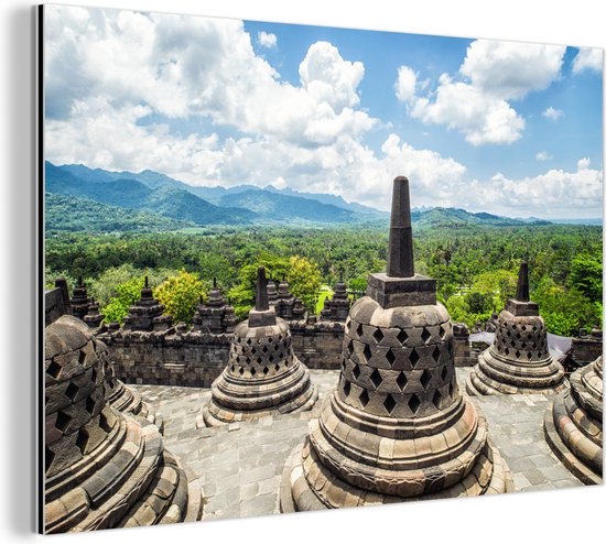 Wanddecoratie Metaal - Aluminium Schilderij - Witte wolken boven de Borobudur tempel - Dibond