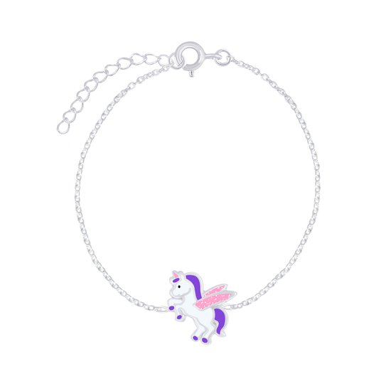 Joy|S - Zilveren eenhoorn armband - 14 cm + 3 cm - unicorn wit paars met glitter roze vleugeltjes - voor kinderen