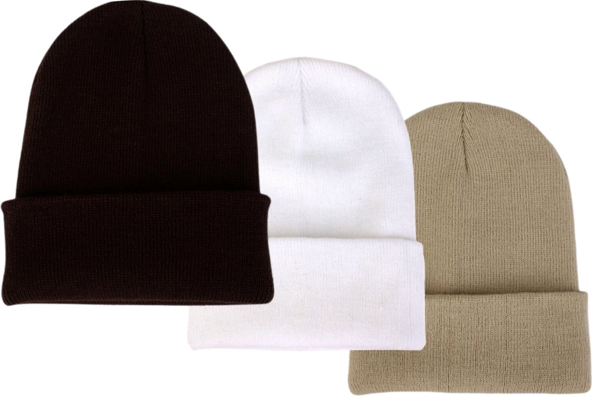 ASTRADAVI Beanie Hats - Muts - Warme Unisex Skimutsen Hoofddeksels - 3 Stuks Winter Mutsen - Bruin, Wit, Beige