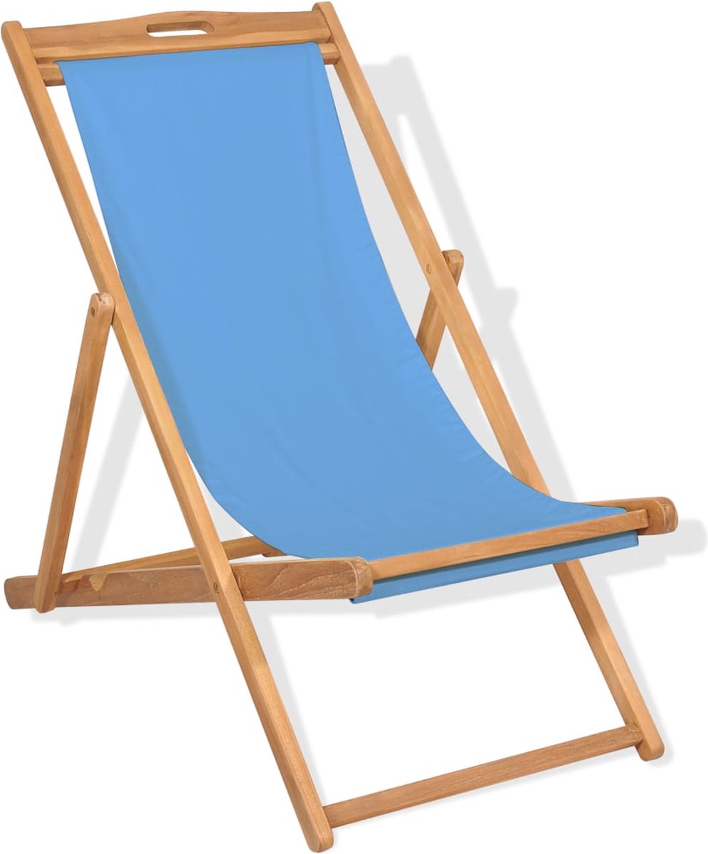 ligstoel - teakhout - blauw - bruin - duurzaam - strandstoel - camping - weerbestendig - tuinmeubel - stoffen zitting - massief - comfortabel - inklapbaar - 56 x 105 x 96 cm