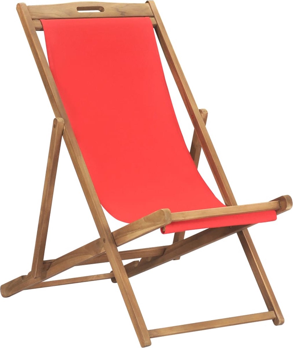 ligstoel - teakhout - rood - bruin - duurzaam - strandstoel - camping - weerbestendig - tuinmeubel - stoffen zitting - massief - comfortabel - inklapbaar - 56 x 105 x 96 cm