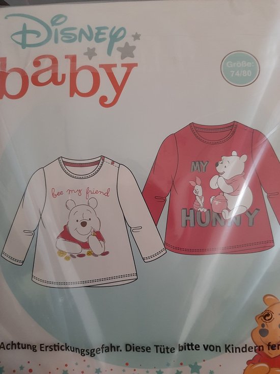 Disney Baby Winnie the Pooh T-Shirt Lange Mouw - 2-pack Roze/Wit - Maat 74/80