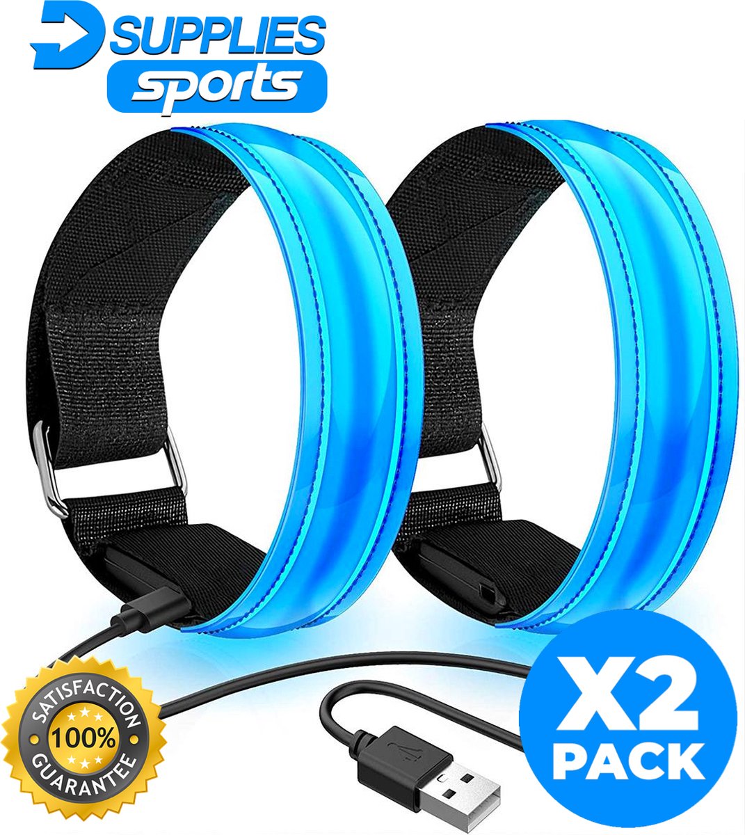 D-Supplies® | LED Veiligheidsband - Hardloop verlichting - 2-pack - Blauw - oplaadbaar met USB - verlichting - reflecterend - hardlopen - fietsen - sporten