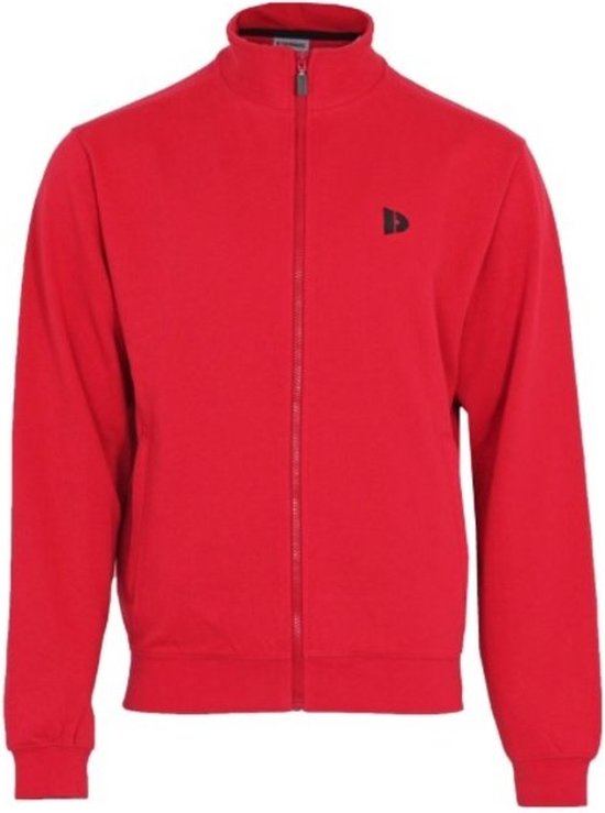 Een rood trainingsvest met rits en zwart logo, van voren.