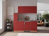 Goedkope keuken 180  cm - complete kleine keuken met apparatuur Gerda - Beuken/Rood - elektrische kookplaat  - koelkast          - mini keuken - compacte keuken - keukenblok met apparatuur