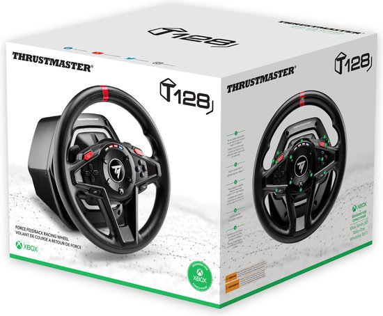 Verpakking van het Thrustmaster T128 racestuur en pedalen, met afbeeldingen van het product en specificaties.