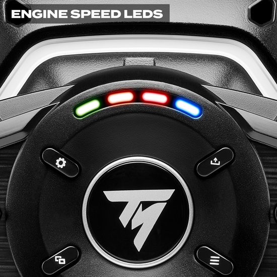 Close-up van groene, rode en blauwe LED-lampjes op een zwart racestuur.