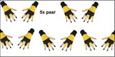 5x Paar vingerloze handschoen geel/zwart - Feest festival thema feest party optocht themafeest