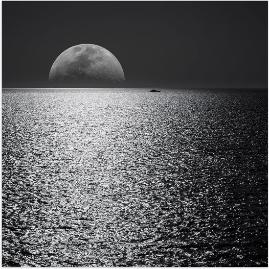 WallClassics - Poster (Mat) - Maan aan de Horizon bij de Zee Zwart / Wit - 50x50 cm Foto op Posterpapier met een Matte look