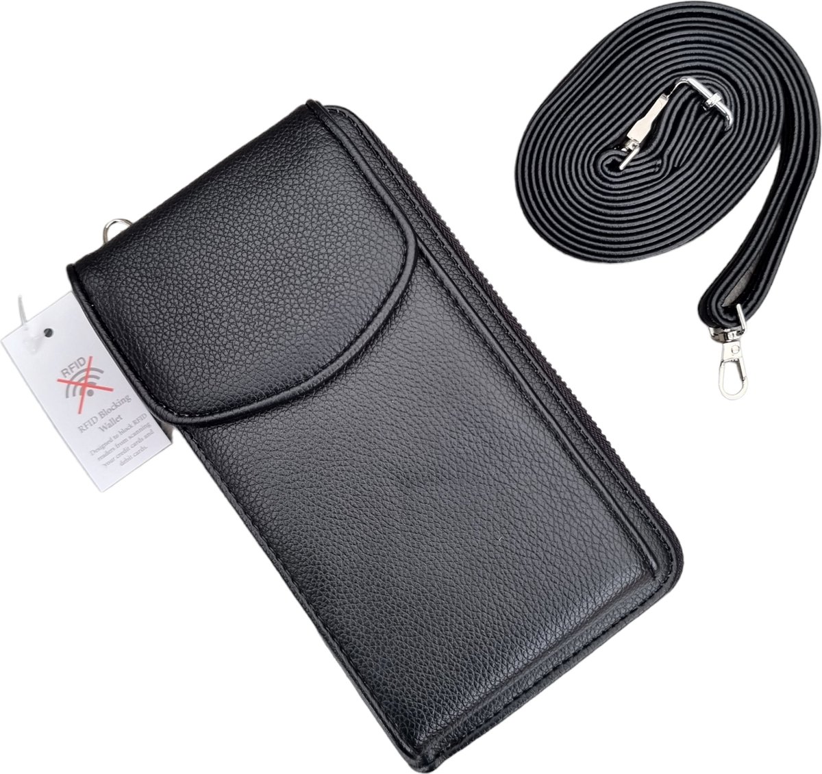 VIQRI - compact telefoontasje - portemonnee tas - tas - RFID anti skim - portemonnee - dames - cadeautip - zwart - zilver - crossbody tas