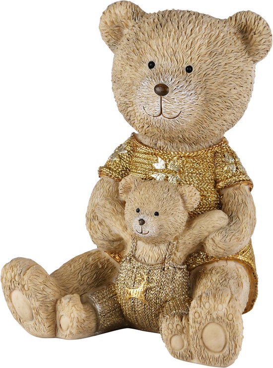Mamabeer met babybeer / beer / dier - Wit / beige / bruin / goud - 13 x 12 x 16 cm hoog.