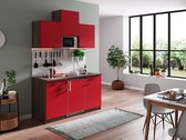 Goedkope keuken 150  cm - complete kleine keuken met apparatuur Oliver - Donker eiken/Rood - keramische kookplaat  - koelkast        - magnetron - mini keuken - compacte keuken - keukenblok met apparatuur