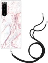 Sony Xperia 5 IV Hoesje met Koord White Pink Marble Designed by Cazy