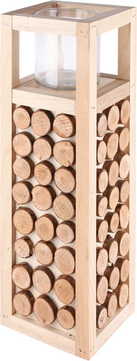 Windlicht / theelichthouder / waxinelichtjeshouder - bruin / beige / transparant - 15 x 15 x 45 cm hoog.