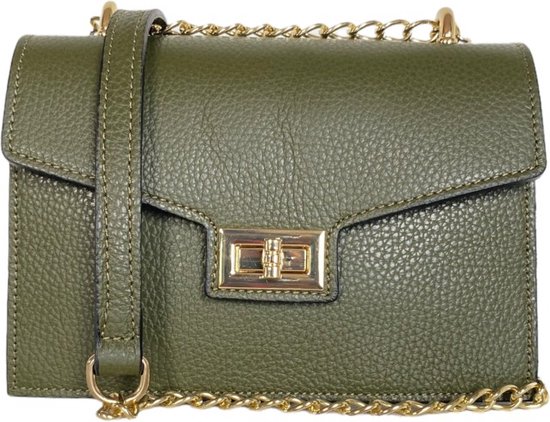 Leren Schoudertas Classy - Crossbody Tas - Leer - Leger groen - Gouden Ketting hengsel