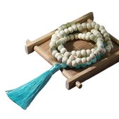 Mala hout amazoniet | Edelsteen | wit blauw | 108 kralen ketting met kwastje | Meditatie Yoga | Sparkolia