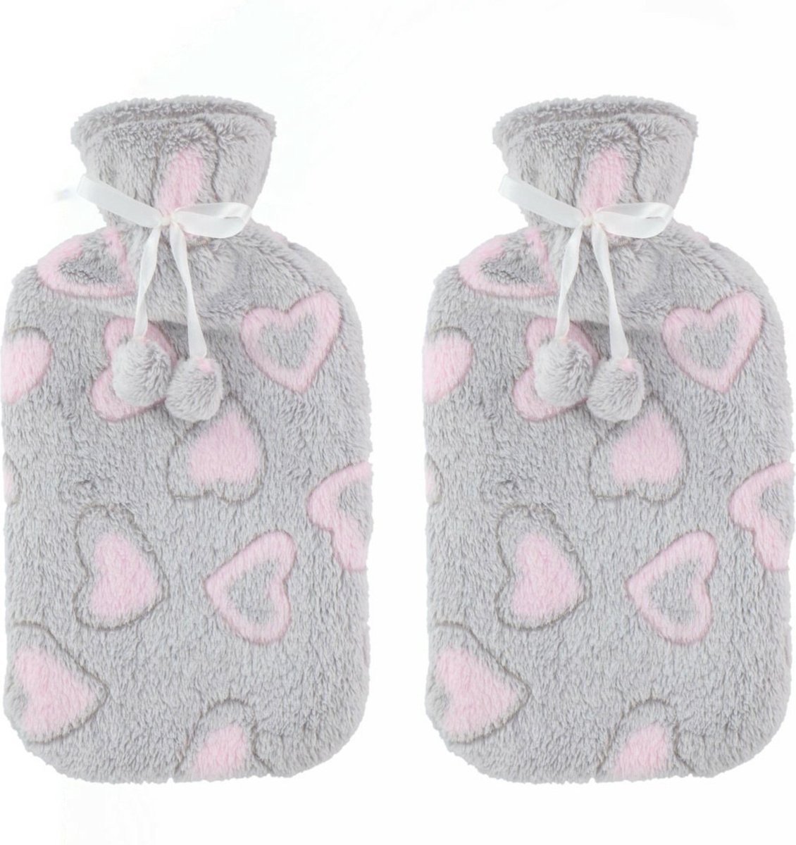 Goedkoopste Warmwaterkruik - 2x - fleece hoes - hartjes licht grijs - 2 liter