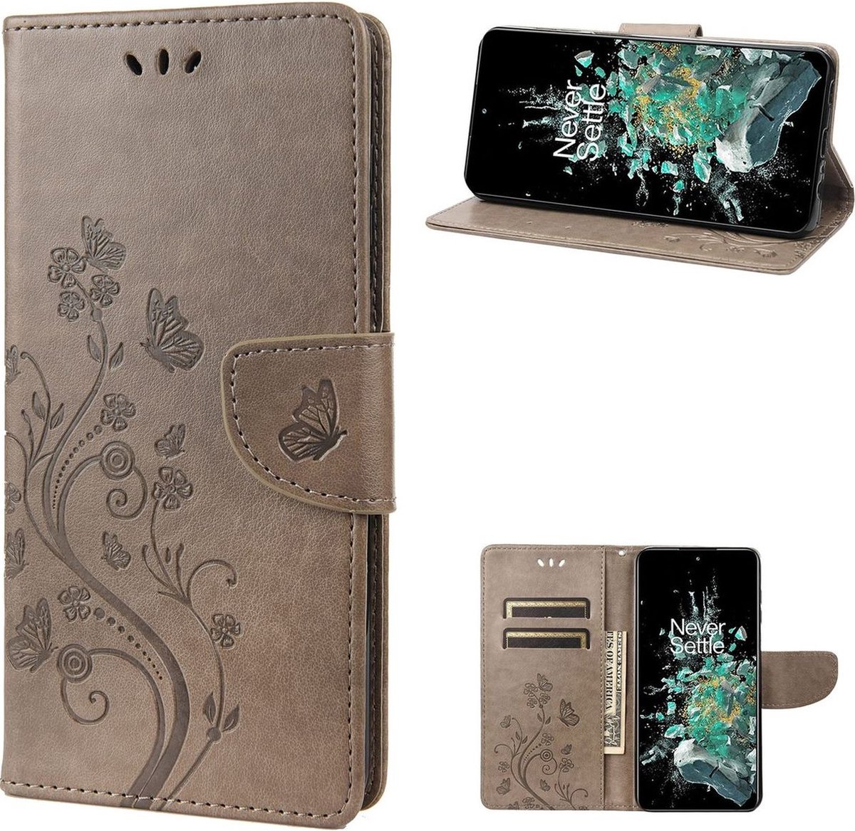 Mobigear Telefoonhoesje geschikt voor OnePlus 10T Hoesje | Mobigear Butterfly Bookcase Portemonnee | Pasjeshouder voor 3 Pasjes | Telefoonhoesje voor Pinpas / OV Kaart / Rijbewijs - Grijs