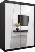 InspireMe - Kledingkast met 2 schuifdeuren, Modern-stijl, Een kledingkast met planken en een spiegel (BxHxD): 150x200x62 - THOR 150 Zwart Mat + Wit Mat met 2 lades