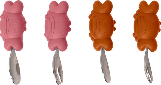 JU&MP Couverts Couverts pour enfants Crabe - Bébé - 2 cuillères et fourchettes pour Bébé - Couverts Bébé - Sans BPA - Rose Oranje