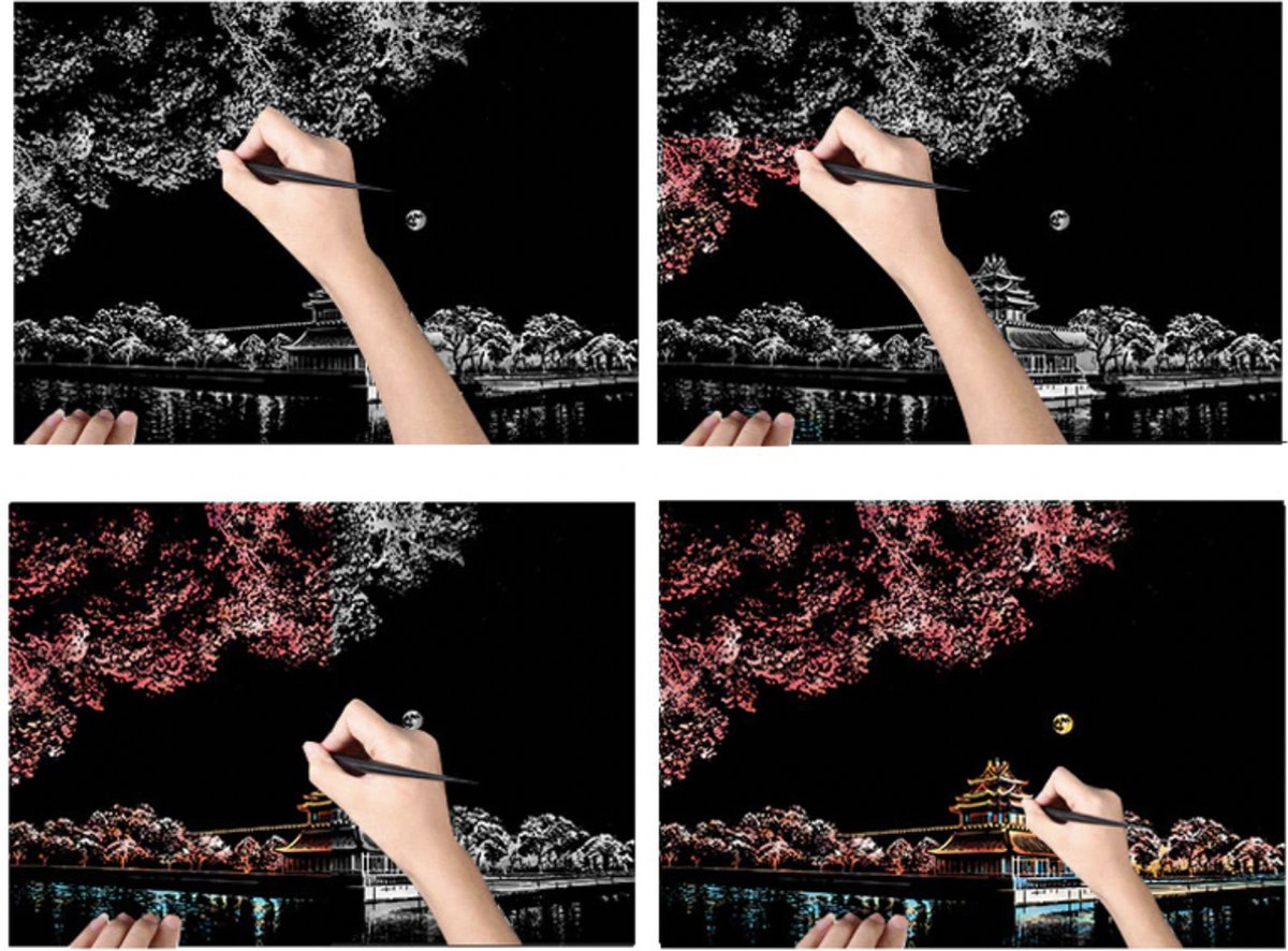 Scratch Art 4x A4 Deluxe Set incl. Tools | Meerdere Varianten | Kinderen & Volwassenen | Magic Kras Tekeningen Kraskaarten Krasfolie Kraskaart | Knutselen Tekenen | Painting Schilderen op Nummer Diamond Painting | Knutselpakket Tekenpakket Handwerken — afbeelding 5