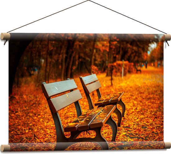 WallClassics - Textielposter - Bankjes tijdens Herfst in het Park - 60x40 cm Foto op Textiel