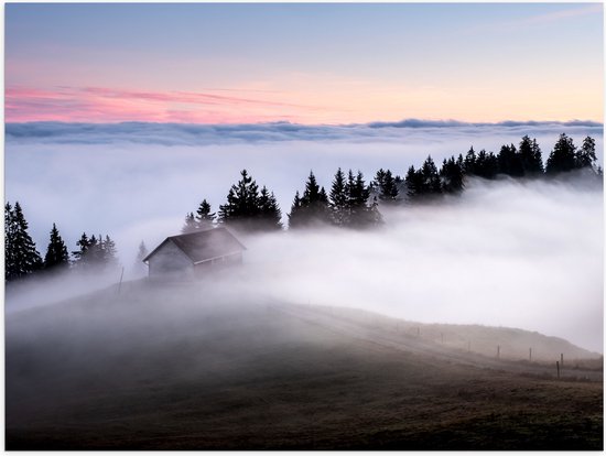 WallClassics - Poster (Mat) - Boomtoppen boven Mistlaag - 40x30 cm Foto op Posterpapier met een Matte look