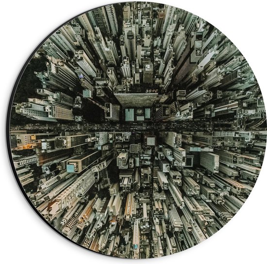 WallClassics - Dibond Muurcirkel - Bovenaanzicht van Grote Drukke Stad - 20x20 cm Foto op Aluminium Muurcirkel (met ophangsysteem)