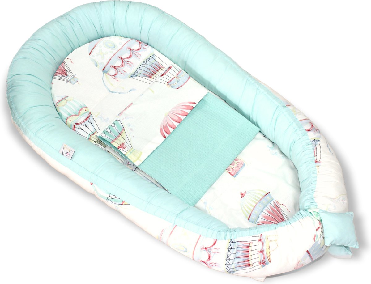 Babynest Eliz Baby Dubbelzijdig 4-delig Soft Mint Air Balloon Babynestje Kraamcadeau