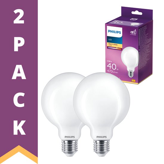 Philips grote LED lamp E27 - Mat - 8 cm - Warm wit licht - 4.5-40W -  Duopack | bol.com
