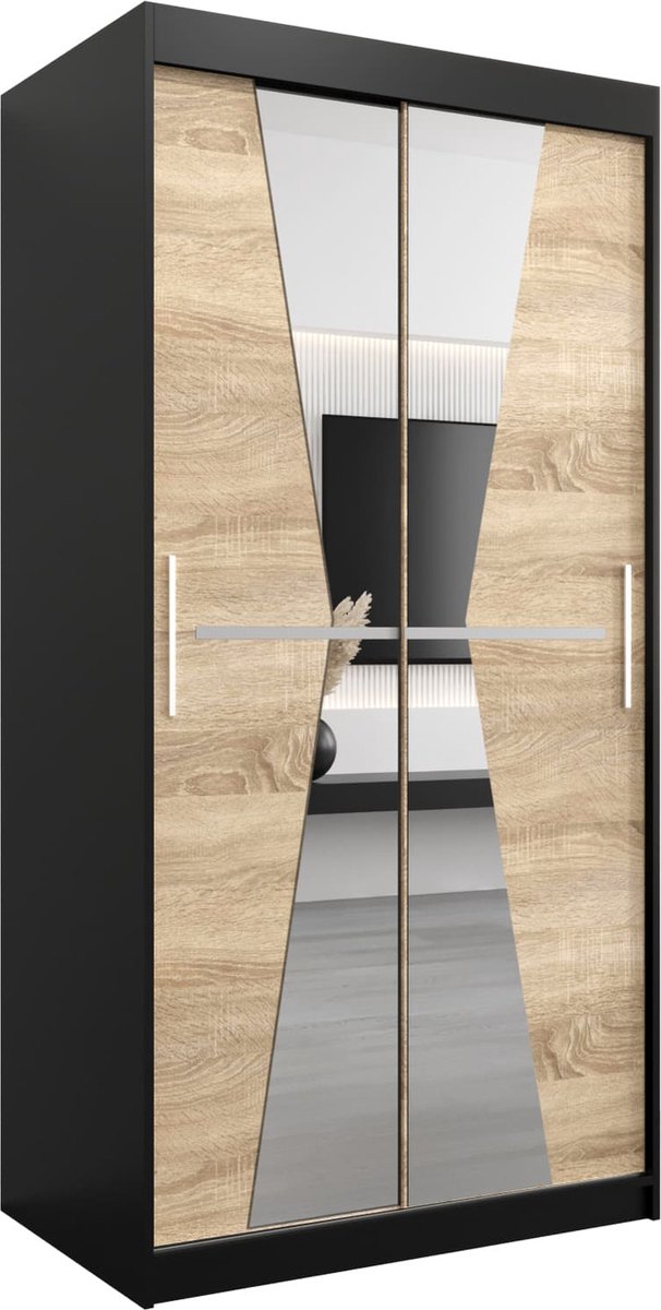 InspireME Kledingkast met 2 schuifdeuren, Modern-stijl, Een kledingkast met planken en een spiegel (BxHxD): 100x200x62 - TOTO 100 Zwart Mat + Sonoma Eik met 2 lades