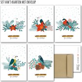 KaartenSet van 5 met Envelop -> Kerst - No: 06 (Warme Kerstgroet, Fijne Feestdagen - Vogeltjes met kersttakjes) - LeuksteKaartjes.nl by xMar