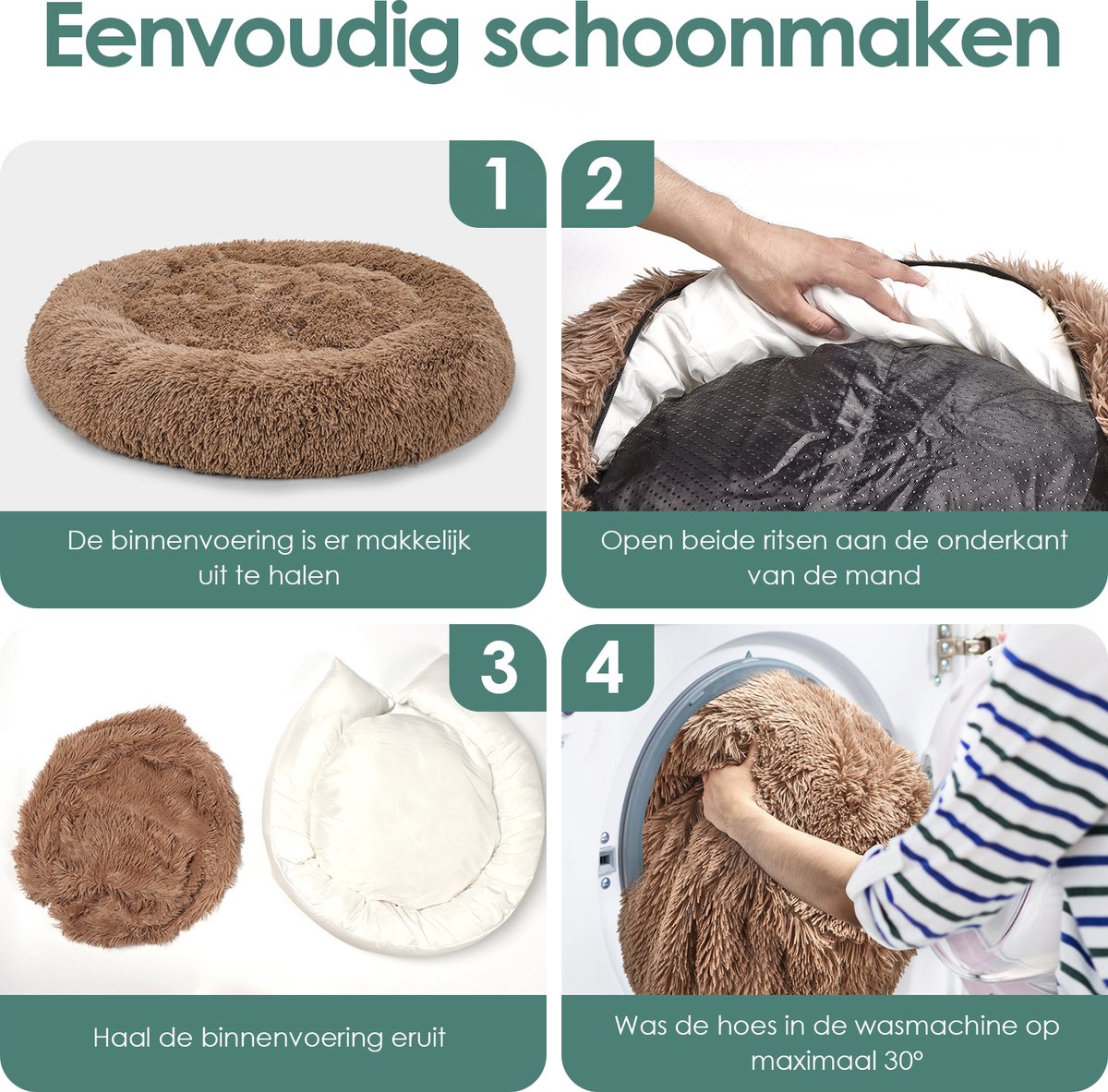 Behave Hondenmand Deluxe - Maat S - 50 cm - Hondenkussen - Hondenbed - Donutmand - Wasbaar - Fluffy - Donut - Bruin – foto 6