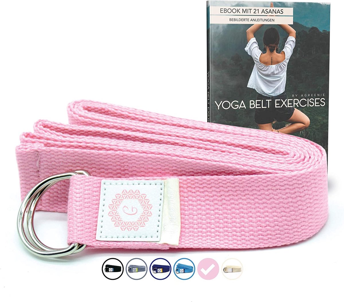 aGreenie Premium Yoga Riemen van 100% katoen - 240 x 3,8cm / Yoga Strap voor een intensievere stretch / Yoga Riem + gratis trainingsgids - rose