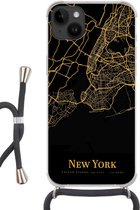 Cordon téléphonique - Chaîne téléphonique - Convient pour Apple iPhone 14 Plus - Étui à bandoulière - New York - Carte - Or - Siliconen - Bandoulière - Étui pour téléphone avec cordon