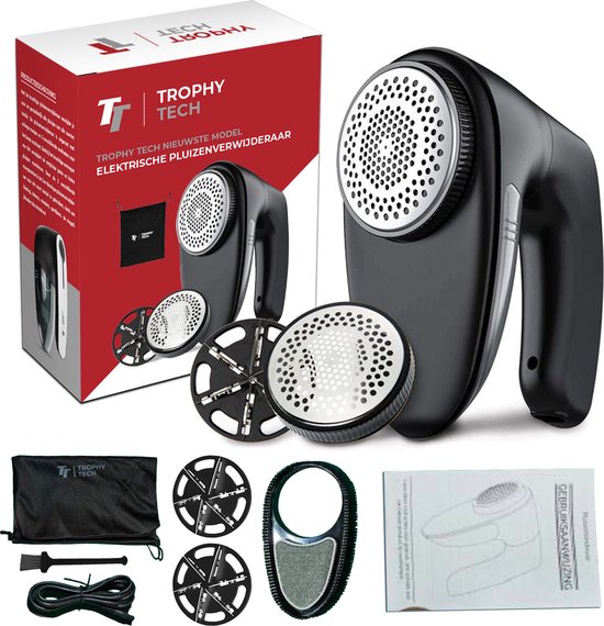 Trophy tech® elektrische pluizenverwijderaar - ontpluizer - draadloos - extra opzetstukken - zwart