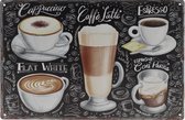 Plaque murale - Types de Café - Caffe Latte - Capuccino - Espresso - Rétro - Décoration murale - Plaque Publicité - Restaurant - Pub - Bar - Café - Traiteur - Plaque Métal - 20x30cm