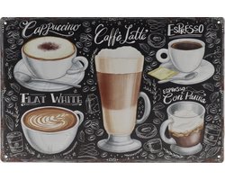 Wandbord – Koffie soorten - Caffe Latte - Capuccino - Espresso  - Retro - Wanddecoratie – Reclame bord – Restaurant – Kroeg - Bar – Cafe - Horeca – Metal Sign – 20x30cm
