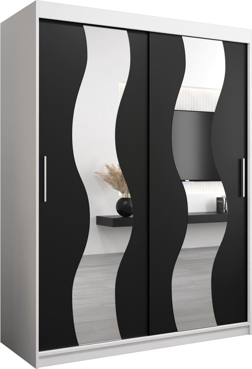 InspireME Kledingkast met 2 schuifdeuren, Modern-stijl, Een kledingkast met planken en een spiegel (BxHxD): 150x200x62 - REESE 150 Wit Mat + Zwart met 2 lades