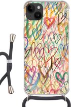 Geschikt voorApple Iphone 14 Plus - Crossbody Case - Een illustratie met hartjes op de achtergrond - Siliconen - Crossbody - Backcover met Koord - Telefoonhoesje met koord - Hoesje met touw