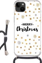 Geschikt voorApple Iphone 14 Plus - Crossbody Case - Merry Christmas - Kerst - Goud - Quotes - Spreuken - Siliconen - Crossbody - Backcover met Koord - Telefoonhoesje met koord - Hoesje met touw