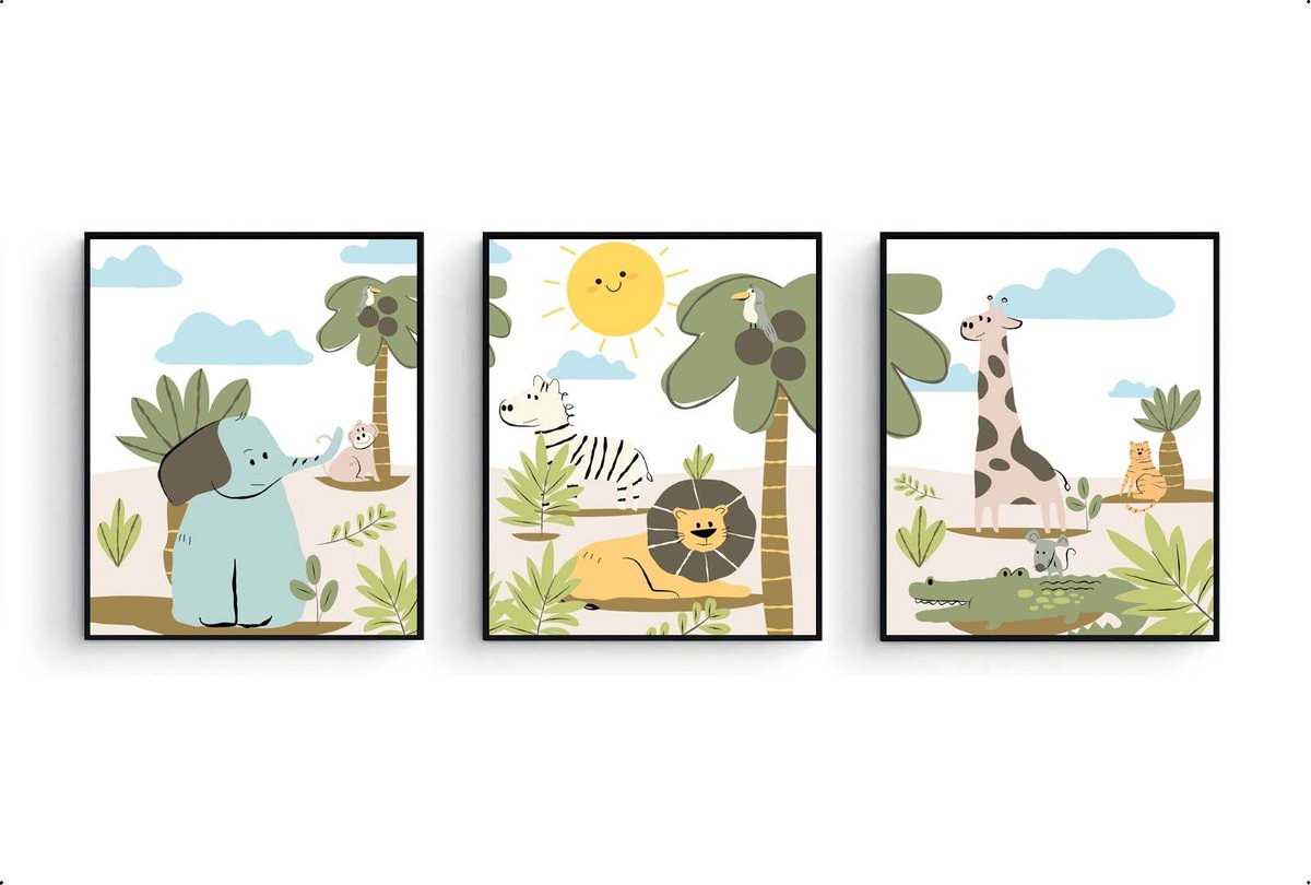 Postercity Poster Set 3 Blije Jungle Dieren Leeuw Olifant Giraf Zebra 